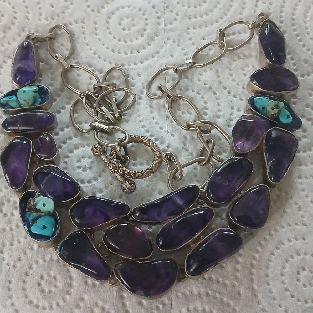 Sterling Silver Amethyst Bib Multistone Necklace W/Turquoise